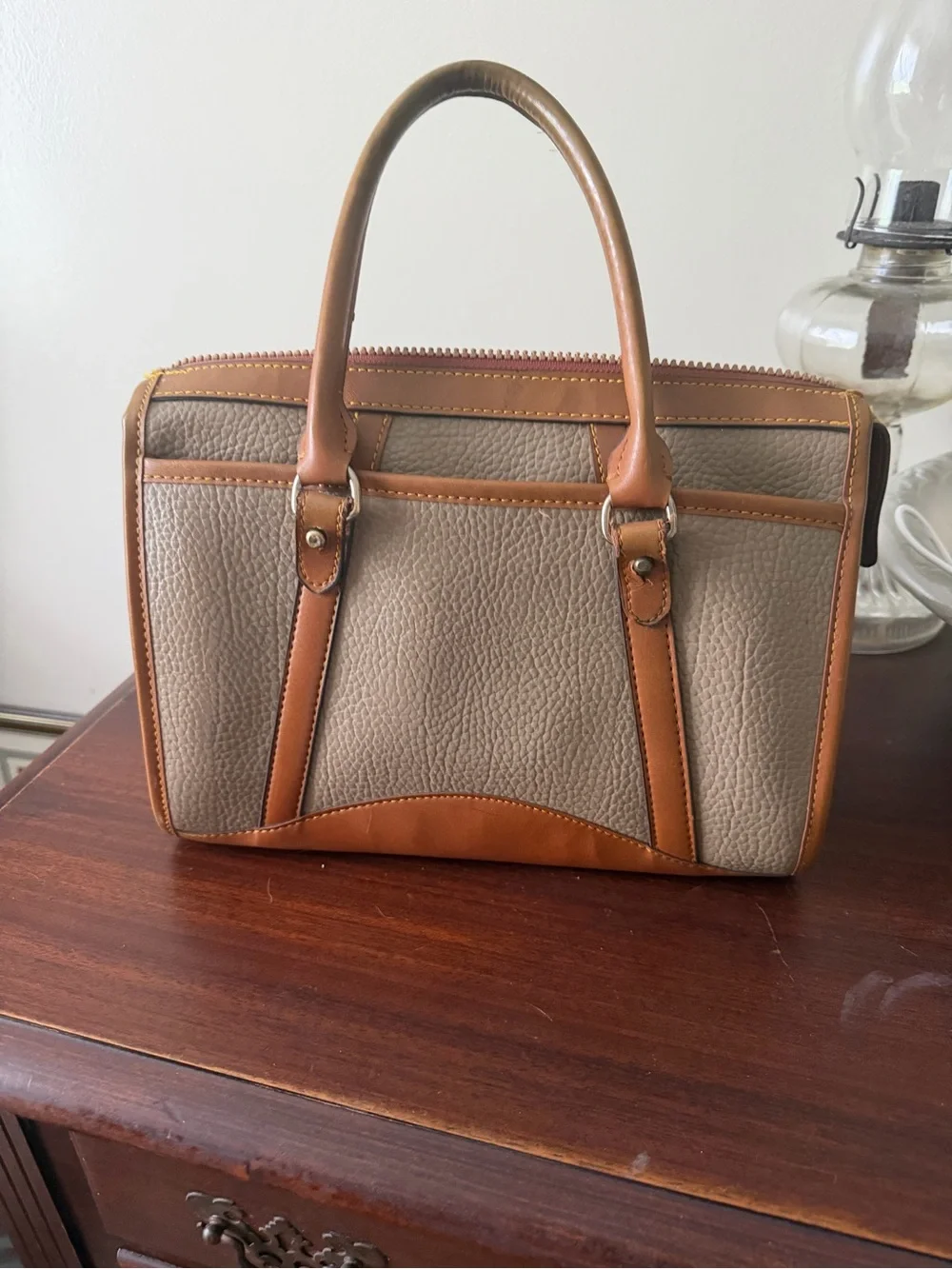 Vintage Dooney & Bourke All Weather Leather Khaki and Brown Leather Trim Bag